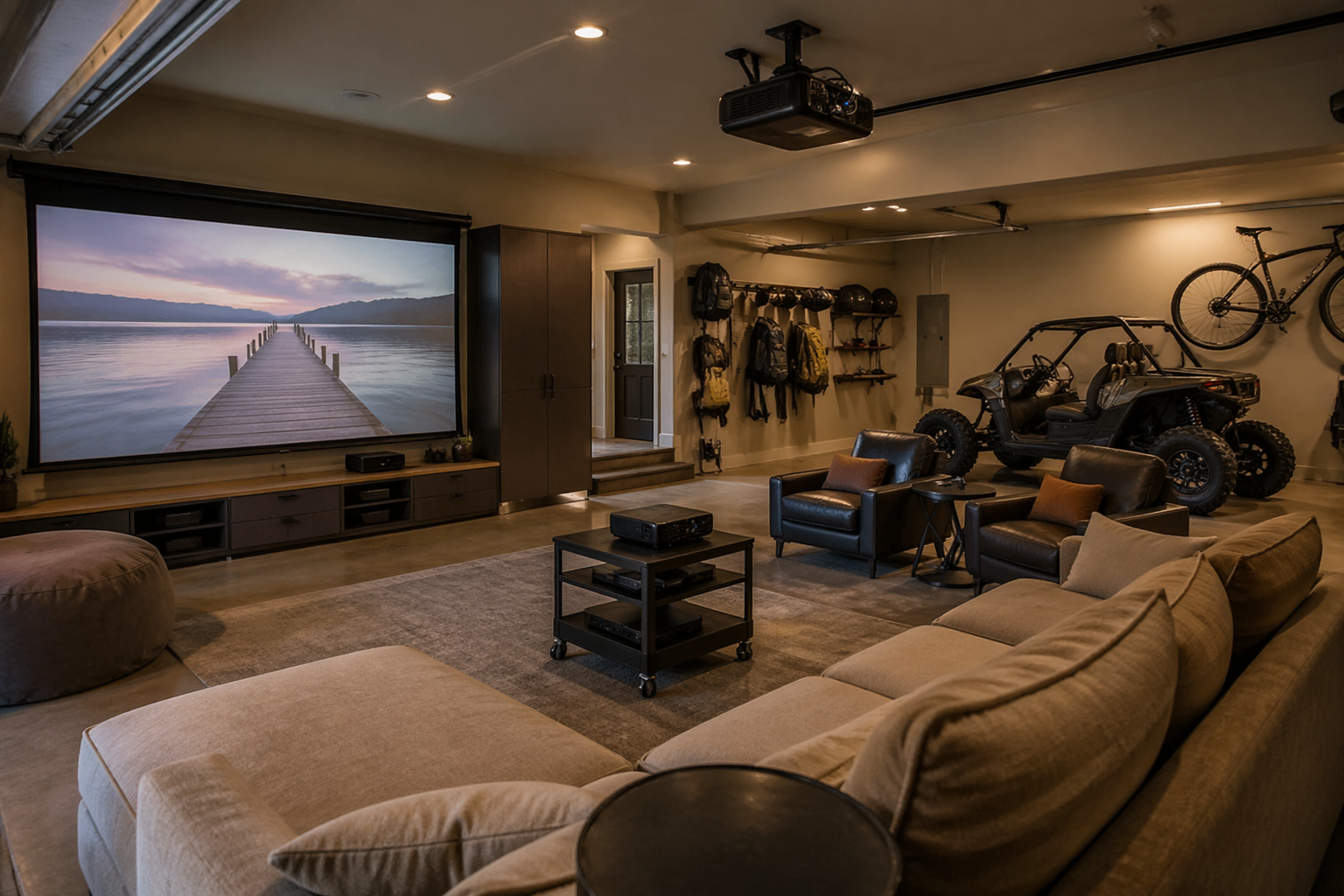 Portable garage theater setup with retractable screen and rolling cart