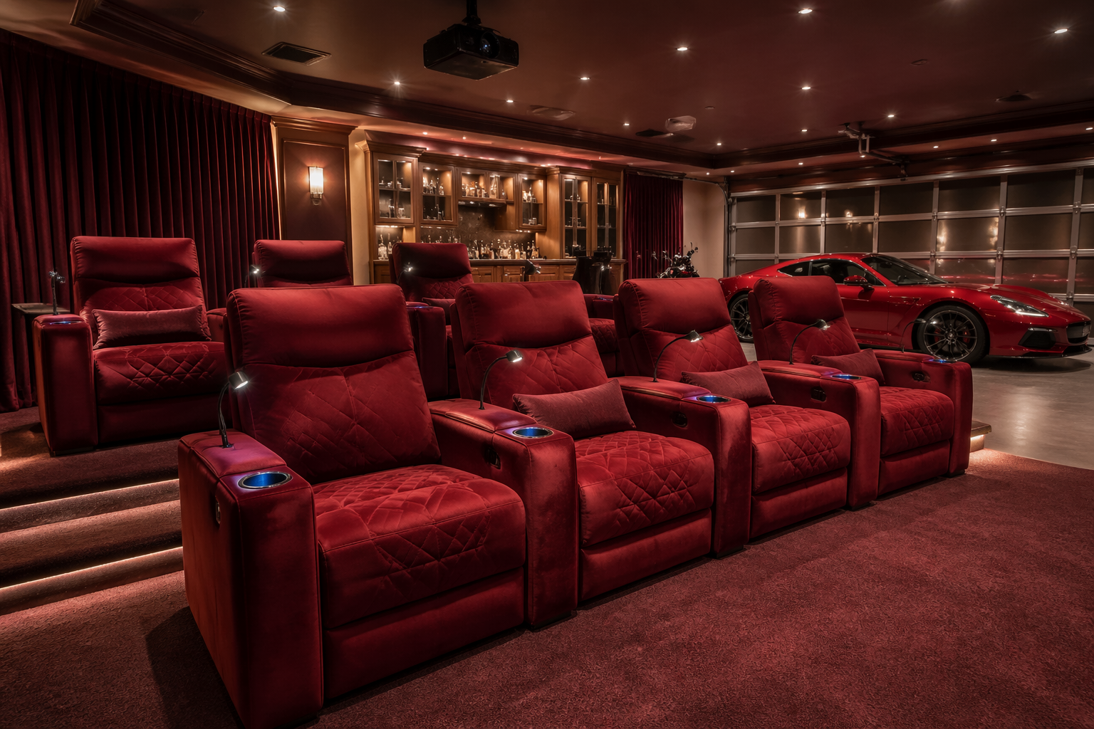 Red velvet motorized recliners with wireless charging and reading lights