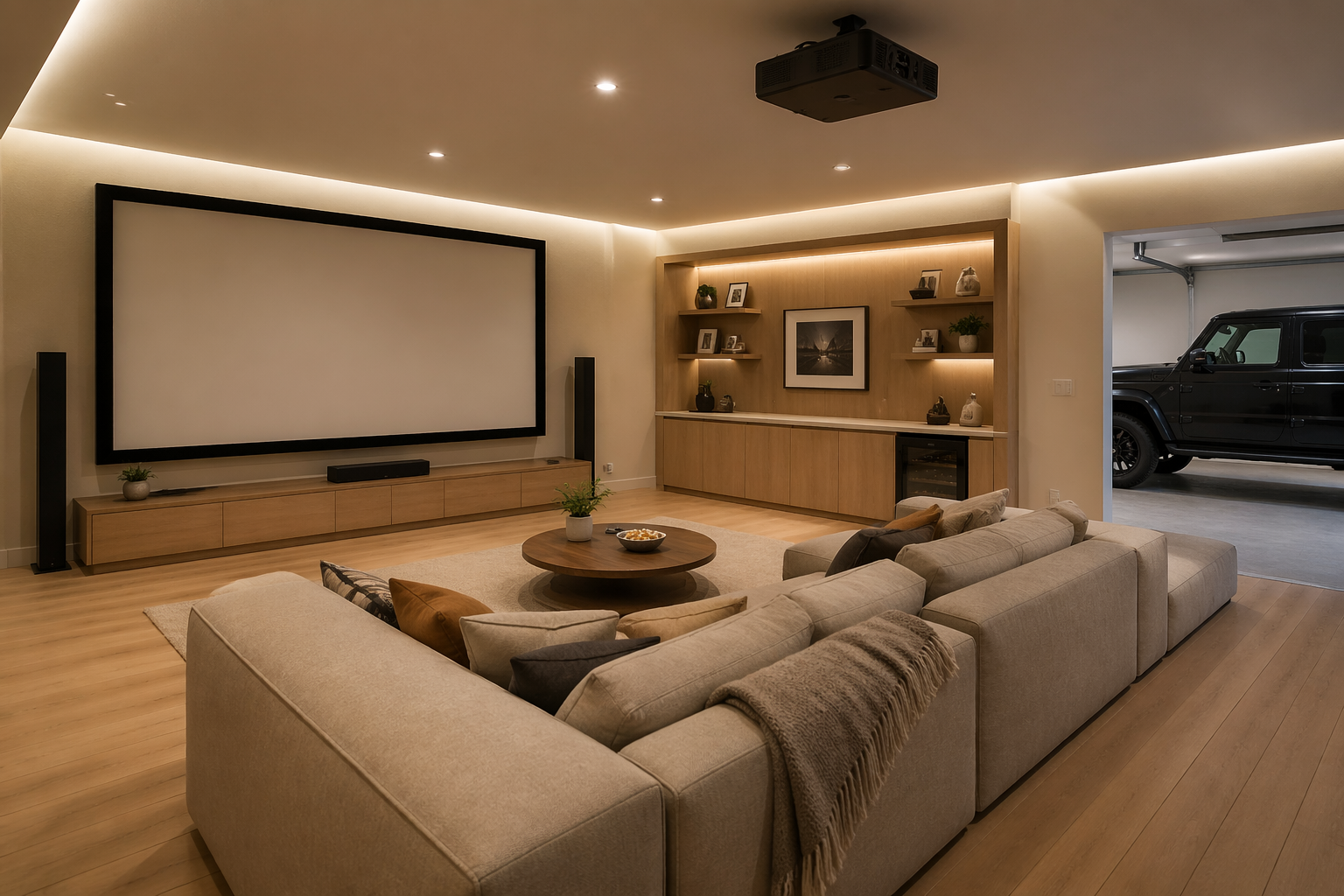Scandinavian style garage theater with light wood and cream colors