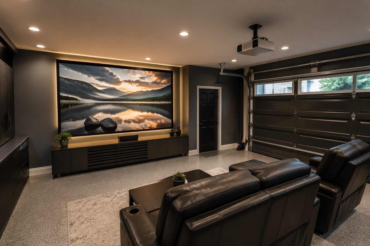 Ultra-short throw projector garage theater with large fixed screen