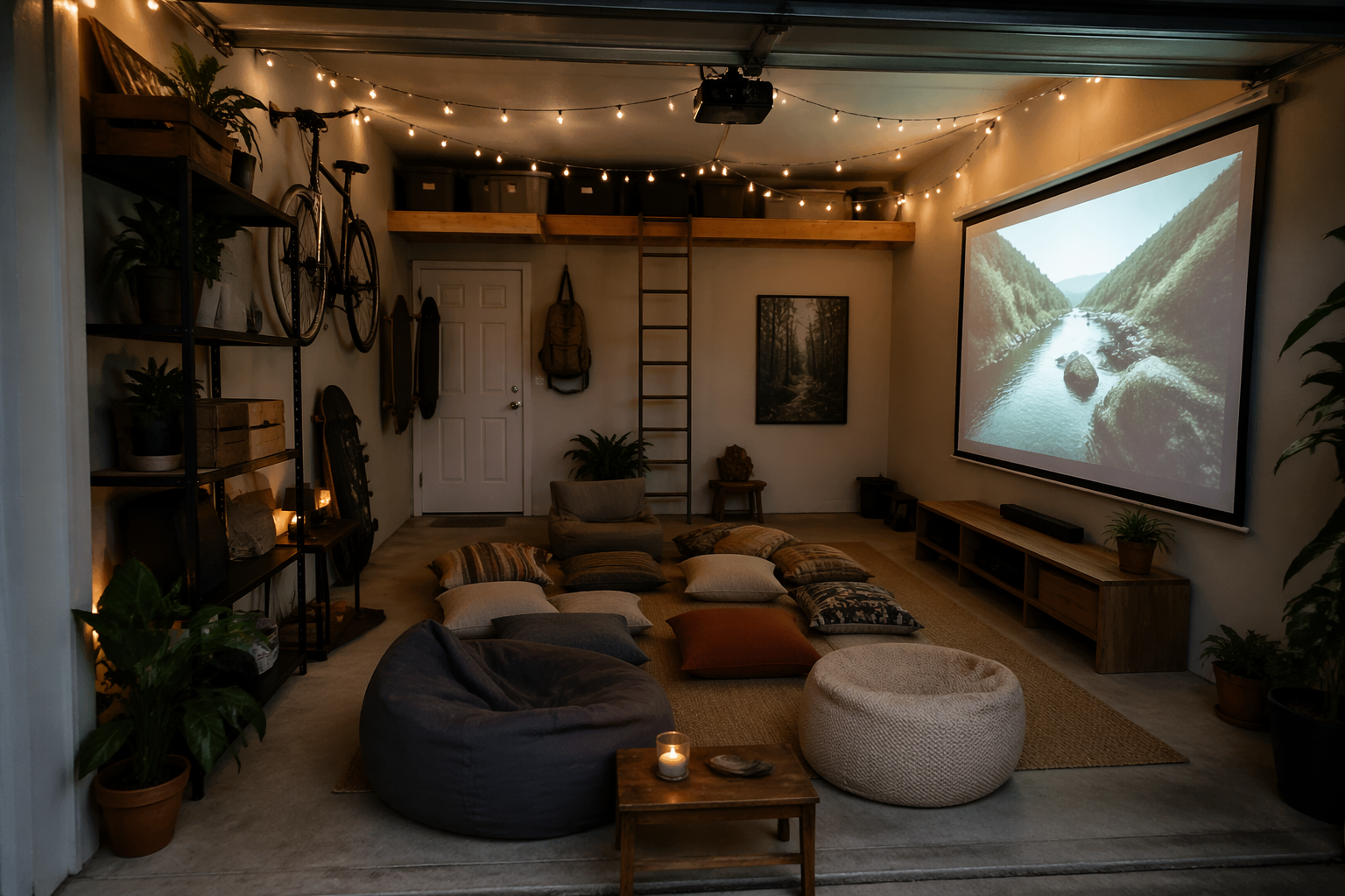 Tiny garage cinema with corner projector and floor cushion seating