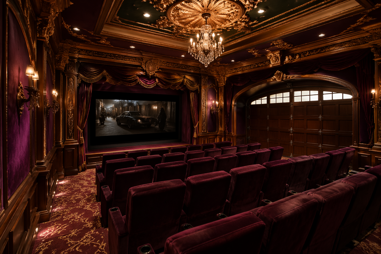Victorian opera house style garage theater with purple velvet and gold details
