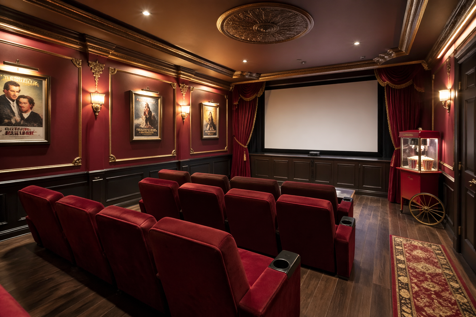 Vintage 1940s style garage theater with burgundy walls and red velvet seating