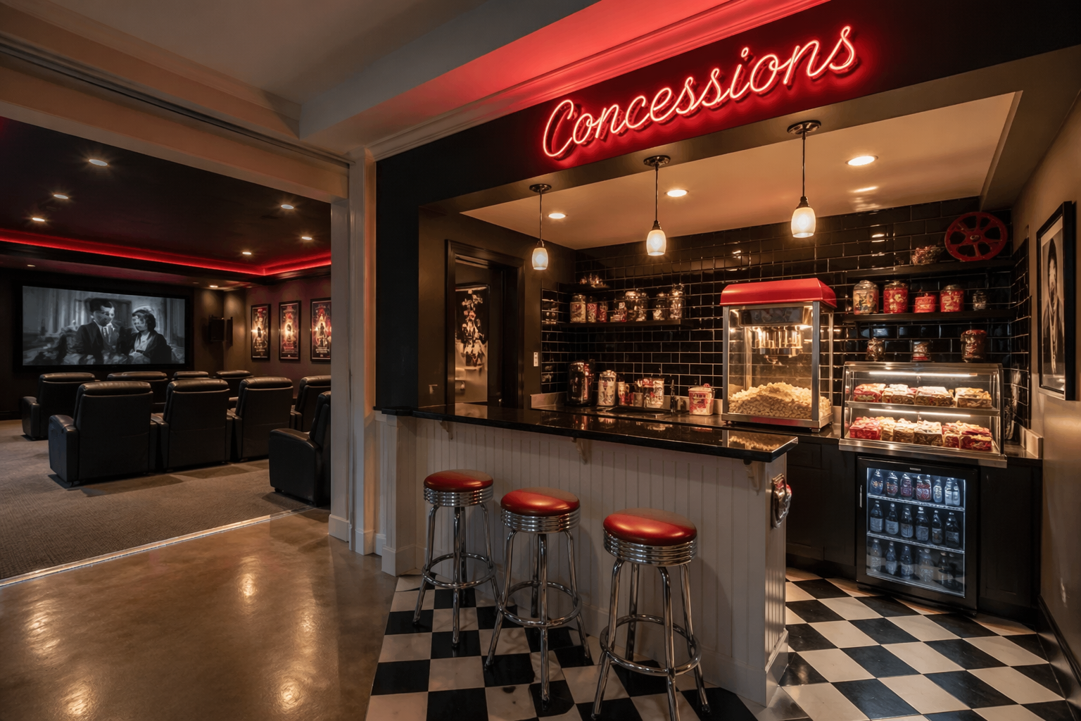 Garage theater with vintage snack bar and popcorn machine