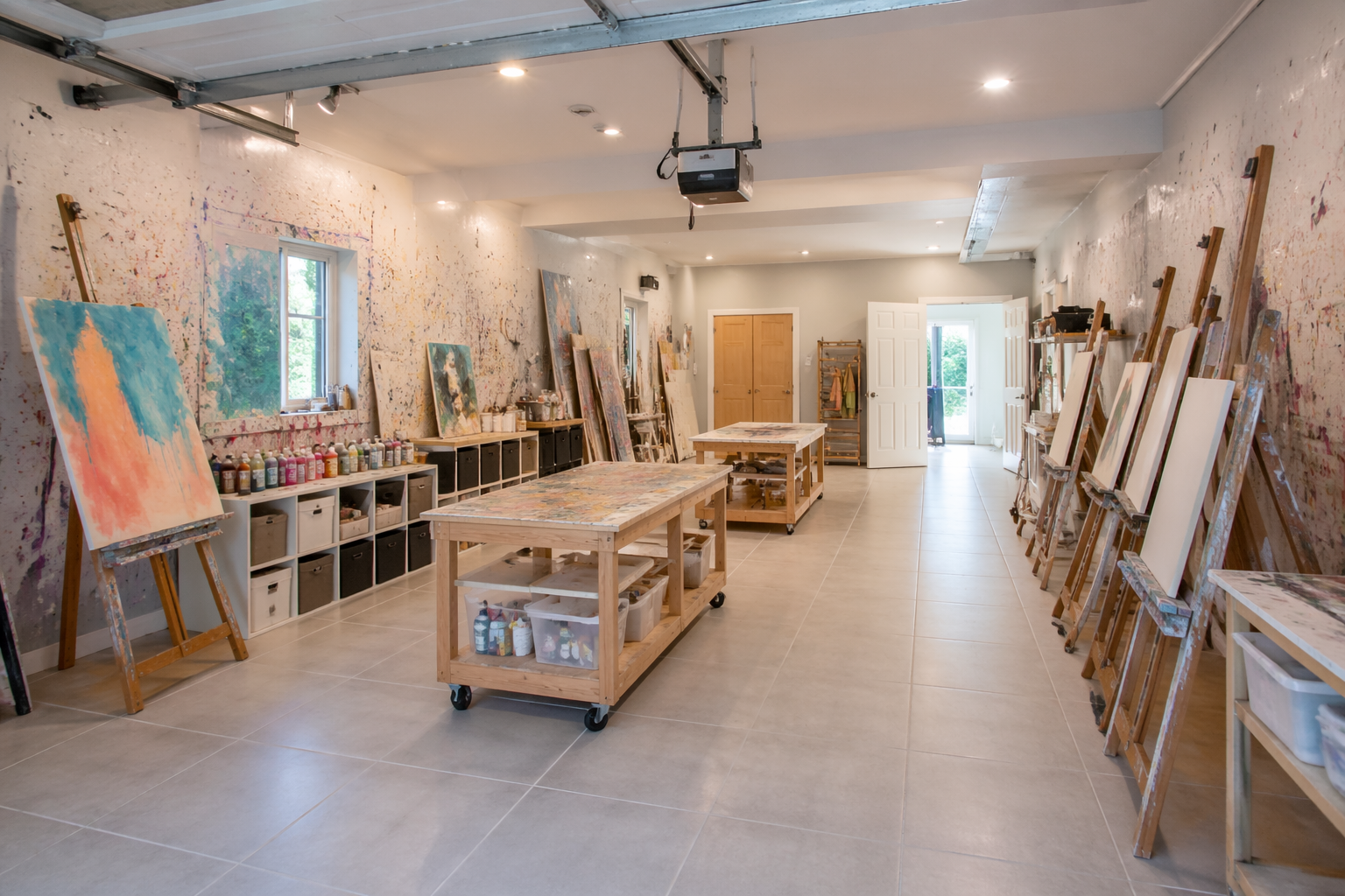 Art studio garage with easels and paint storage cubbies