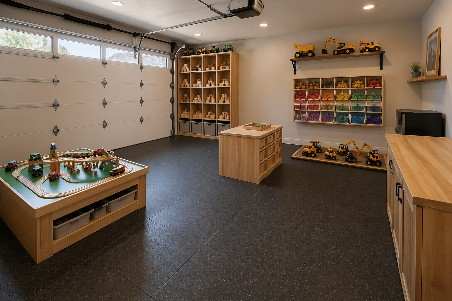 Building block garage with train table and magnetic tiles