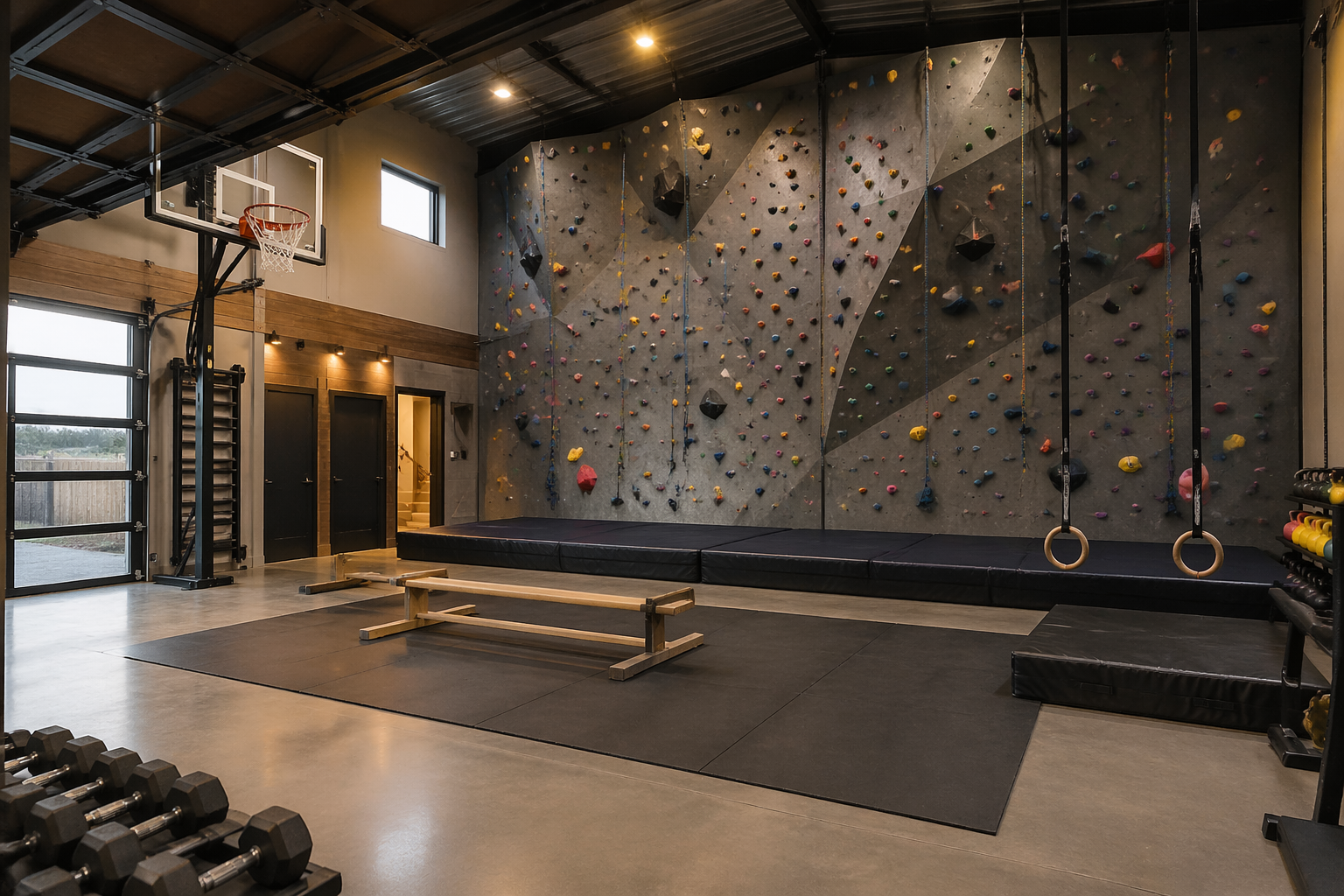 Garage climbing wall with crash mats and basketball hoop