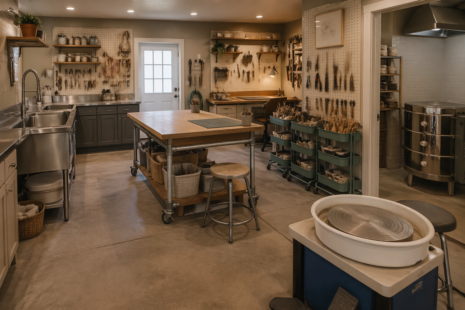Craft garage with pegboard storage and pottery wheel station