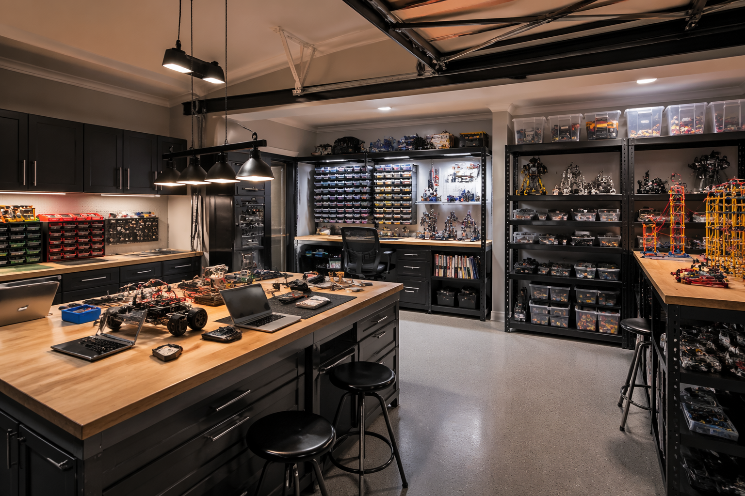Engineering garage with robotics station and building kits