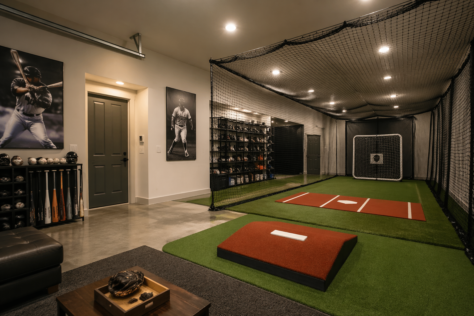 Indoor sports garage with batting cage and artificial turf
