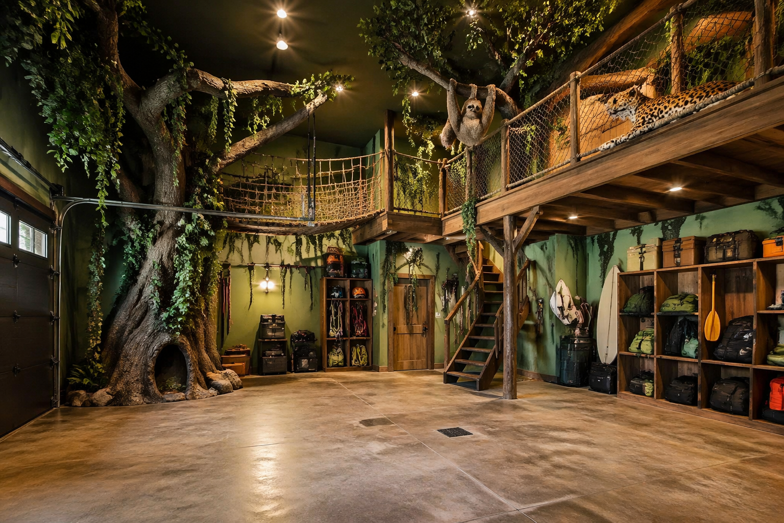 Jungle adventure garage with treehouse and rope bridges