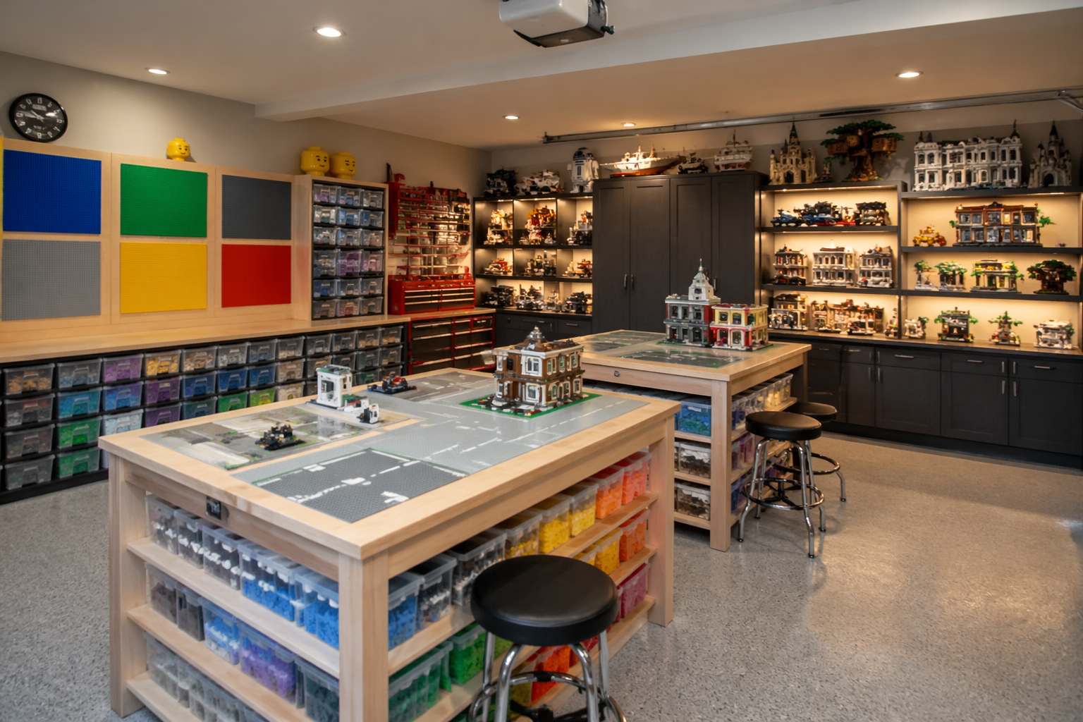 LEGO garage with building tables and color-coded brick storage