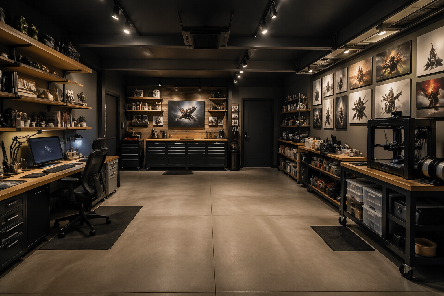 Mixed media garage studio with digital and traditional art stations