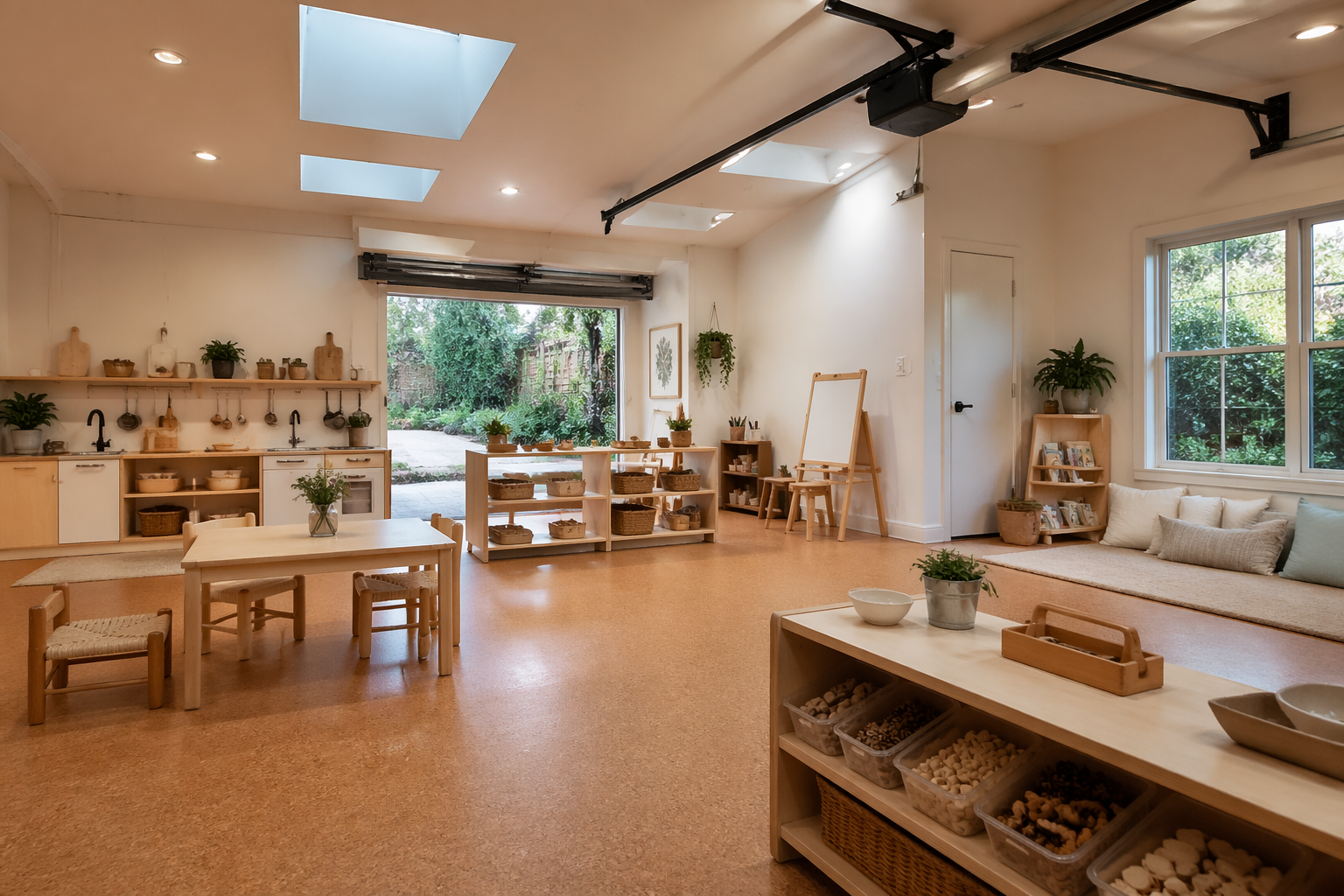 Montessori garage with child kitchen and sensory learning stations