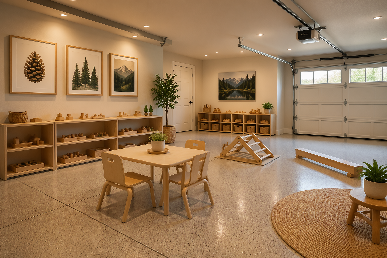 Minimalist Montessori garage with movement area and educational displays