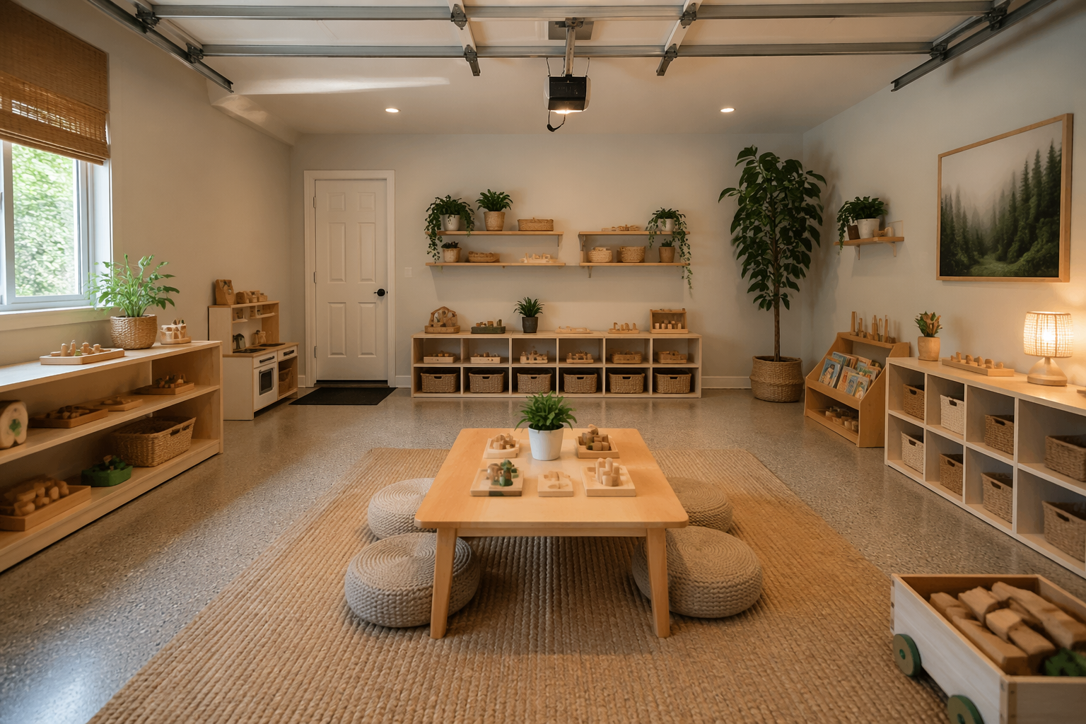 Montessori garage playroom with natural wood and organized stations