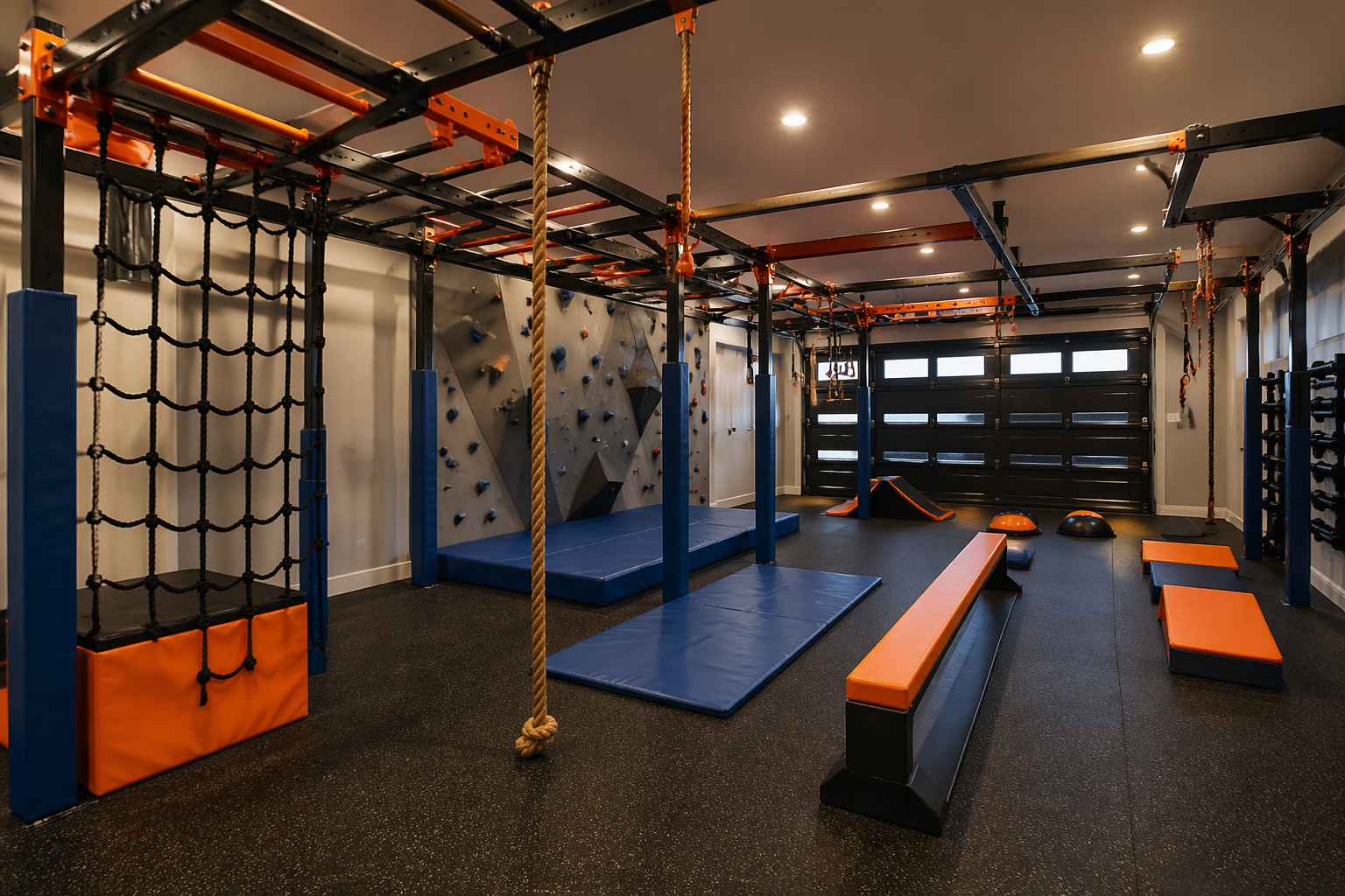 Ninja warrior garage course with monkey bars and obstacles