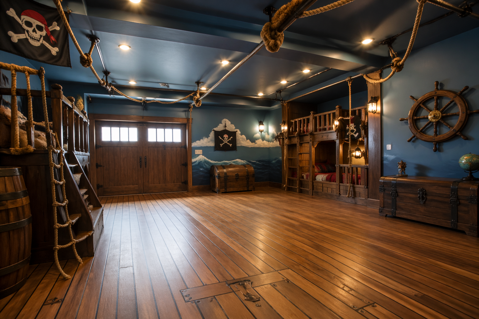 Pirate ship themed garage playroom with nautical decorations