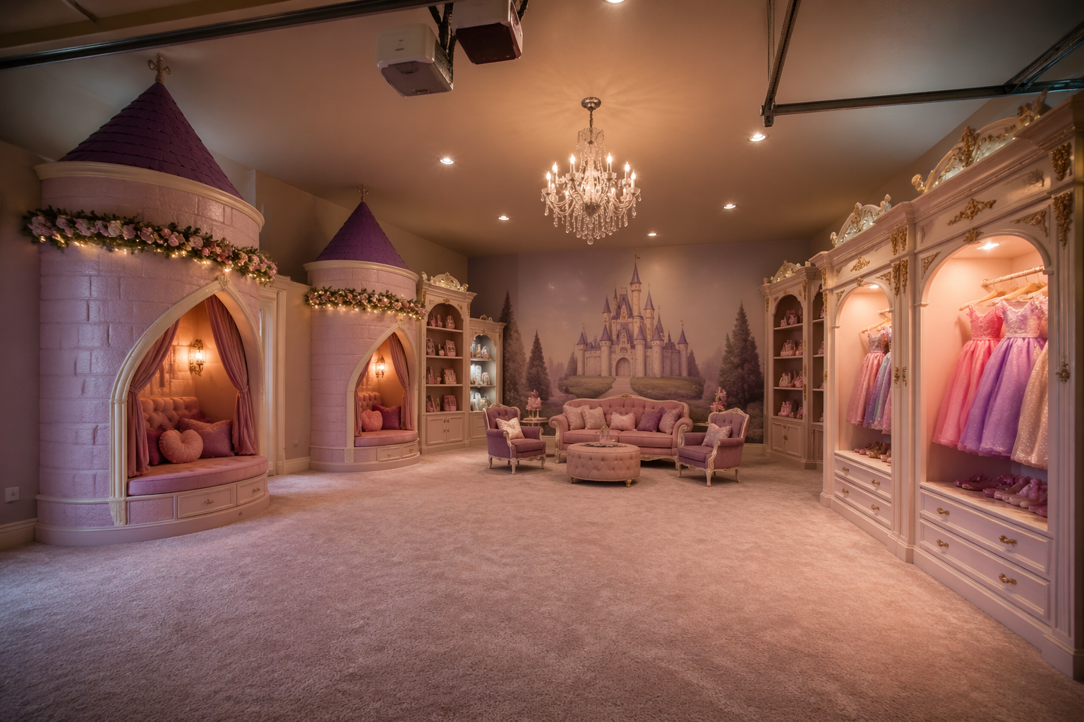 Princess castle garage playroom with turrets and fairy lights