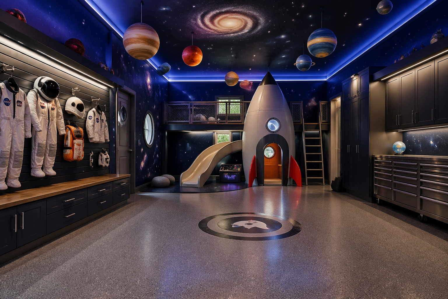 Space themed garage playroom with rocket ship and galaxy lighting