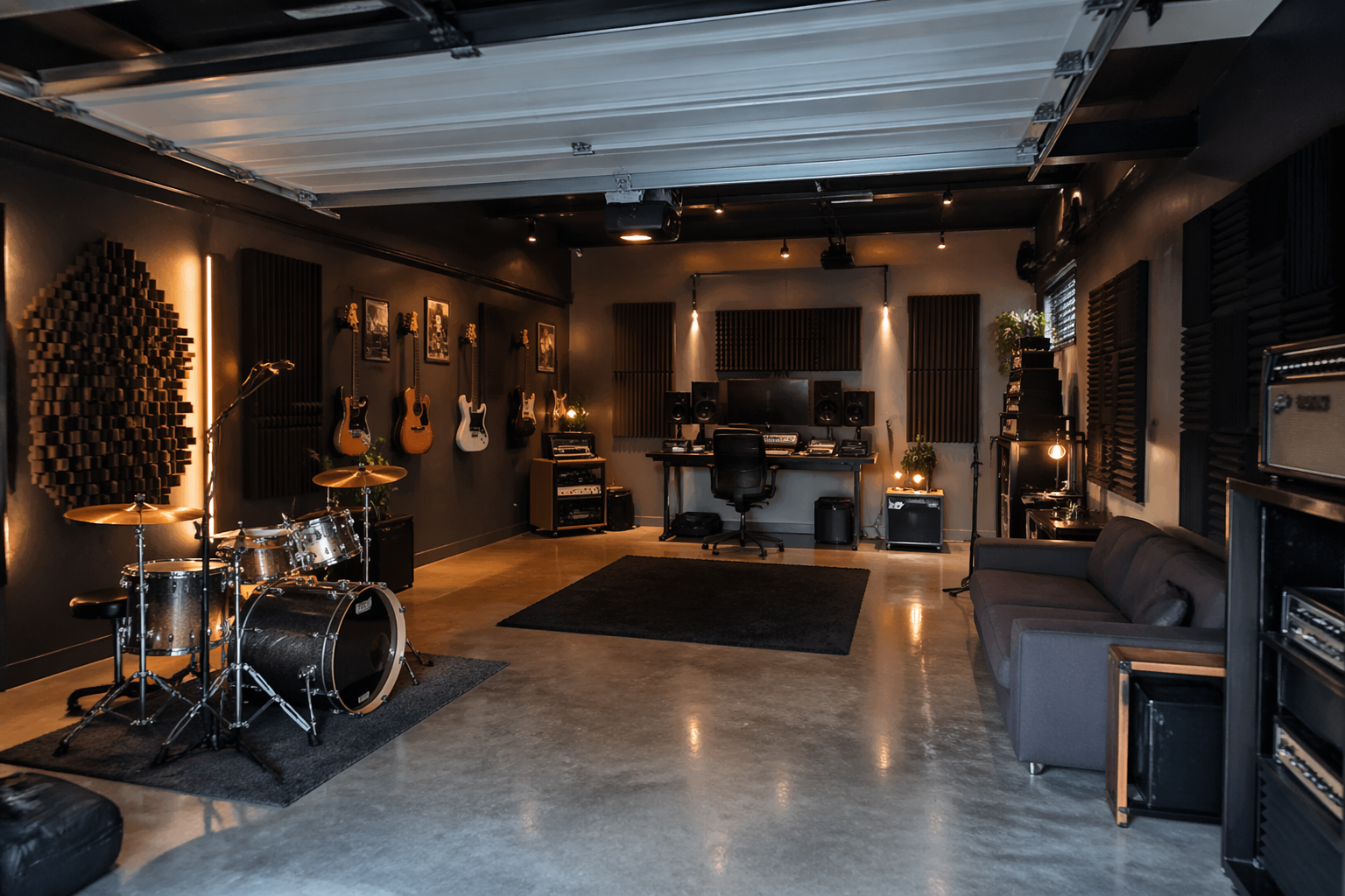 Teen music garage with band equipment and soundproofing