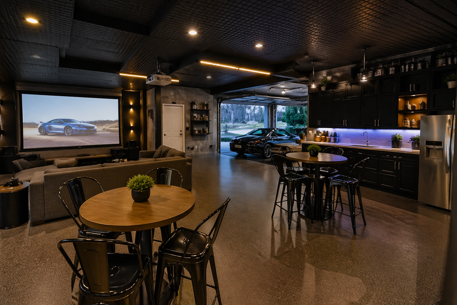 Social teen garage with lounge seating and projector screen