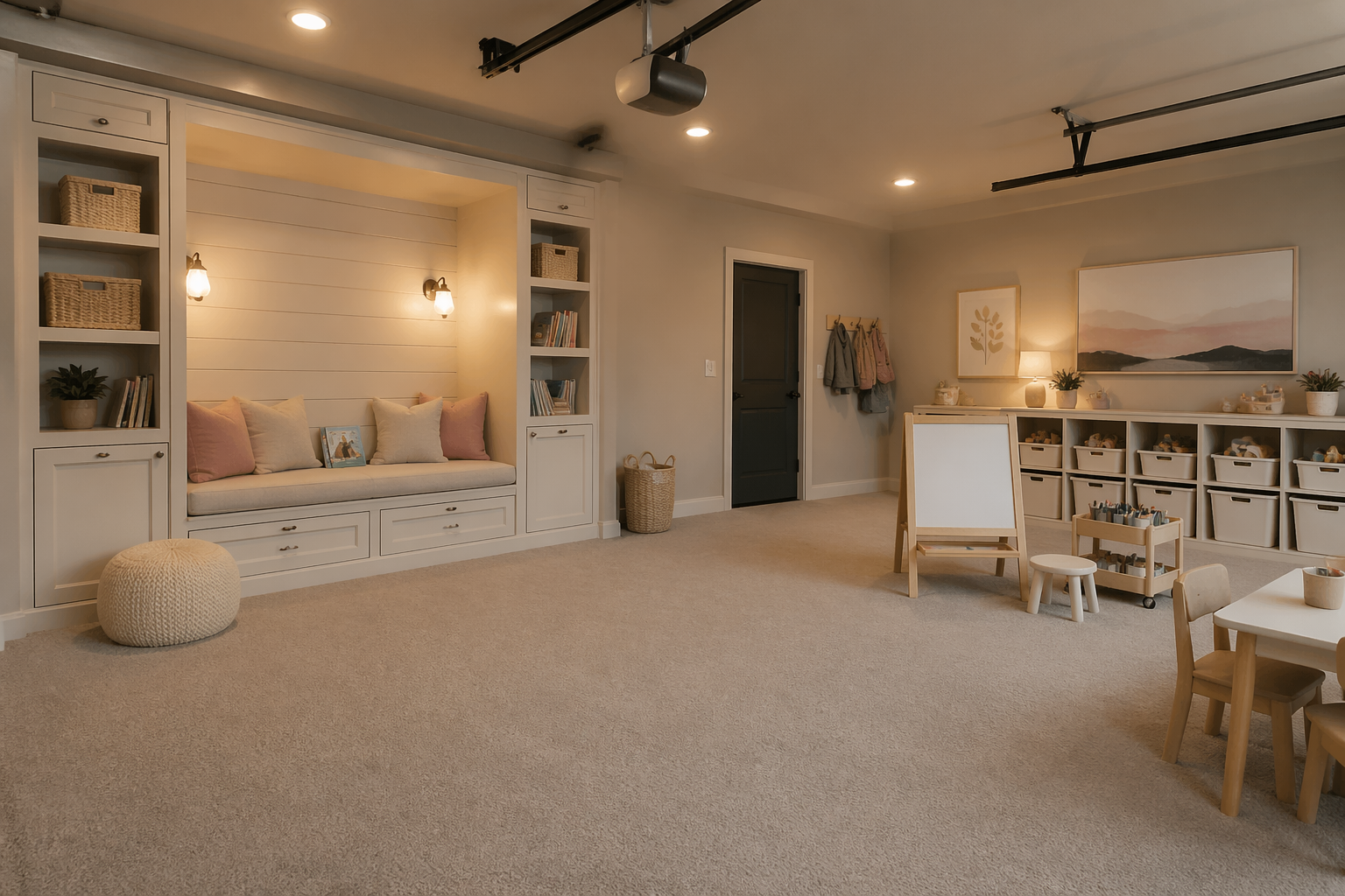 Cozy carpeted garage playroom with reading nook for toddlers