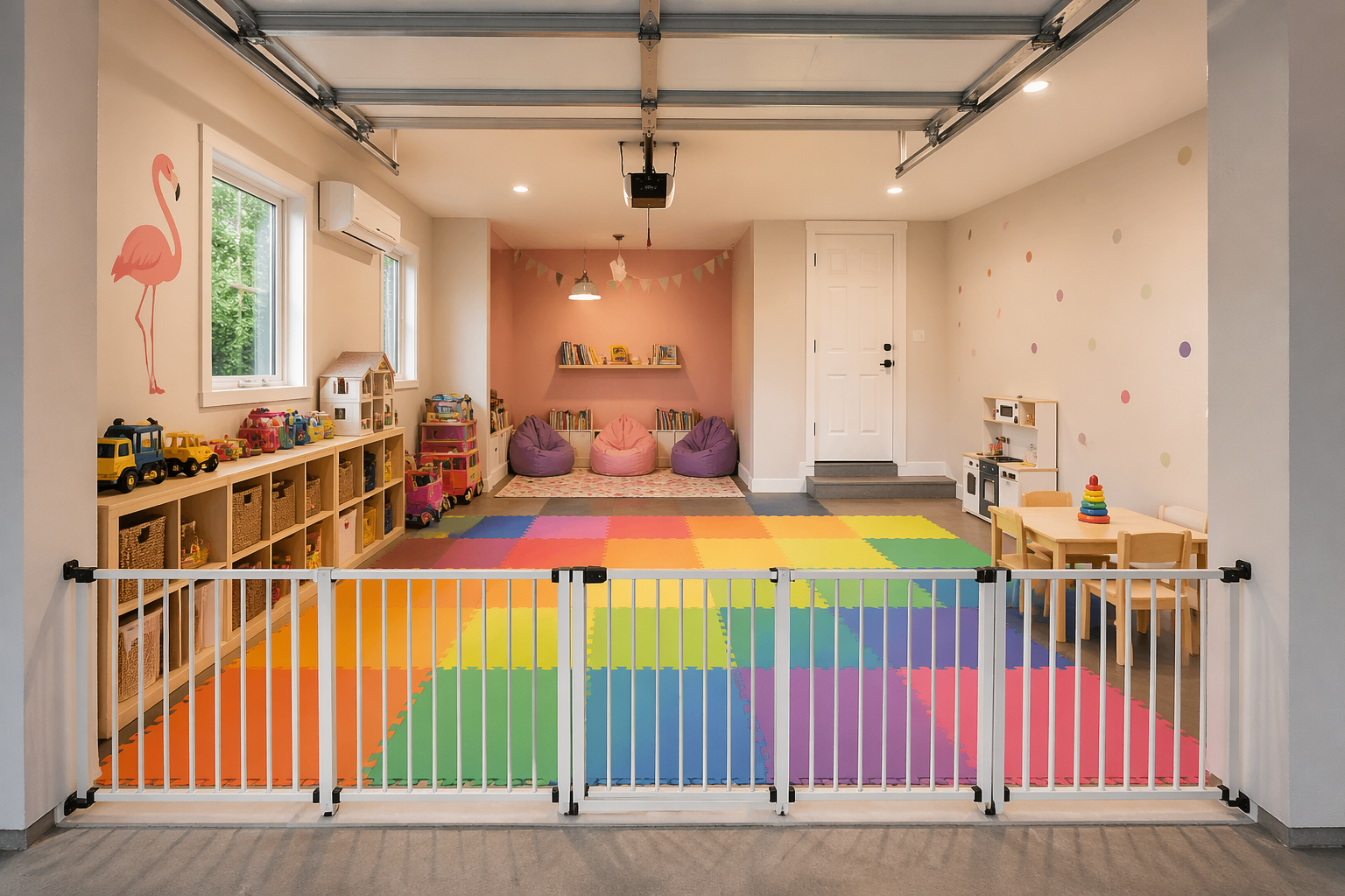 Colorful toddler garage playroom with foam mats and low storage