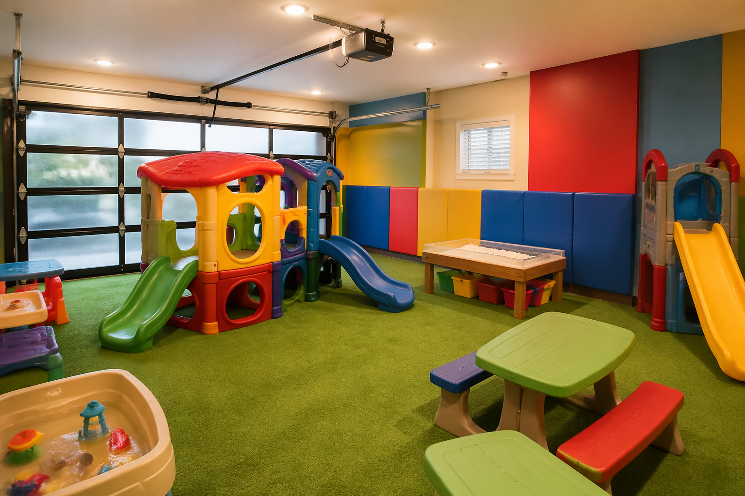 Toddler garage playroom with artificial grass and play structures