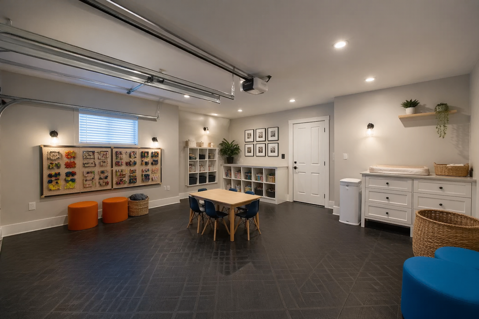 Modern toddler garage playroom with rubber flooring and activity boards