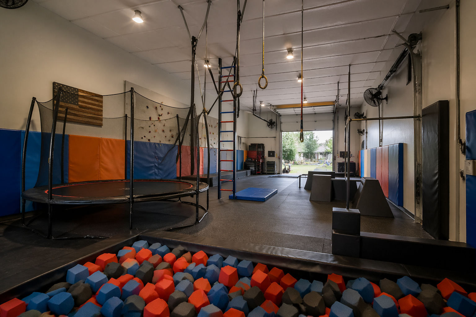Multi-purpose active garage with trampolines and foam pit
