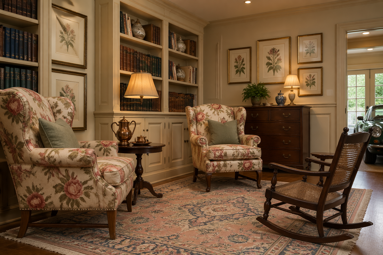English country library with chintz chairs and botanical print wall art