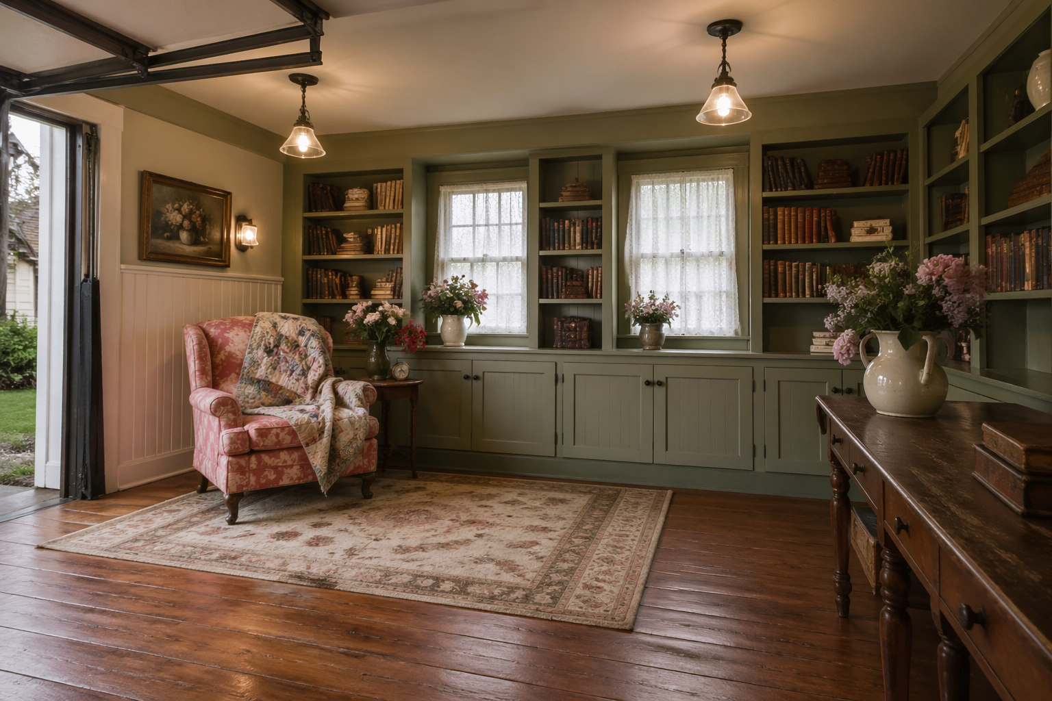 Cottage garage library with sage green shelving and floral vintage chair