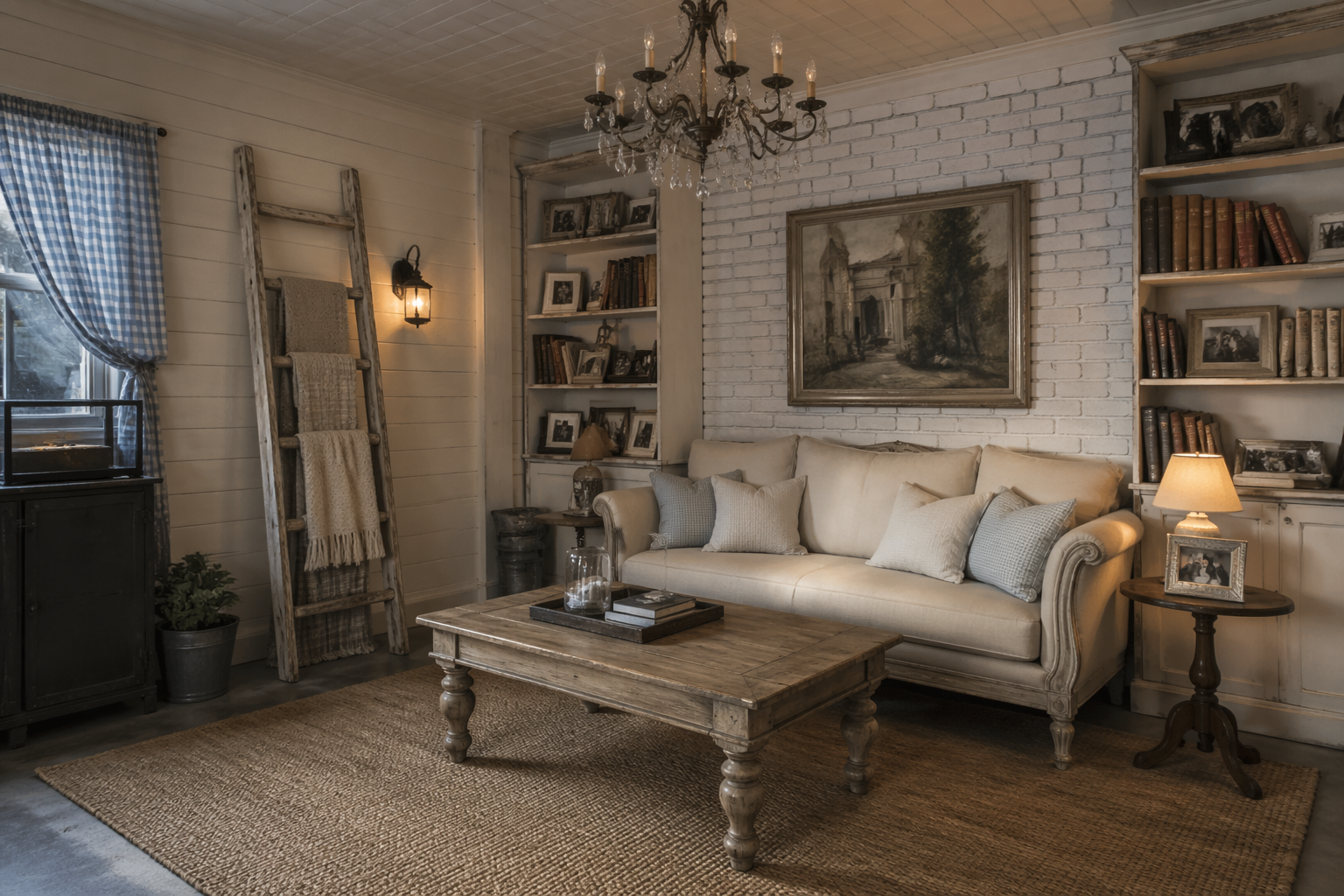 Shabby chic library with distressed white shelving and vintage chandelier