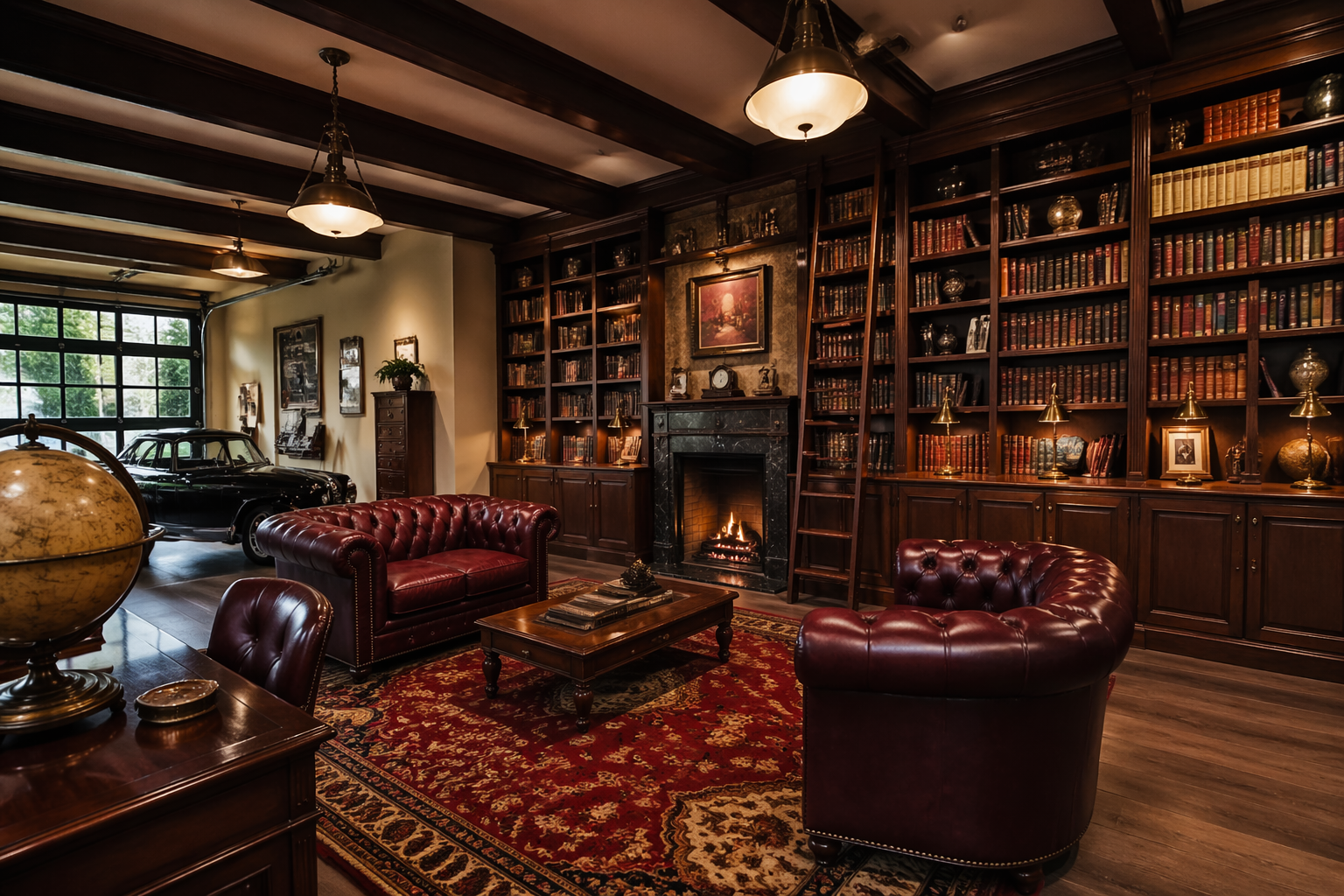 Dark academia garage library with burgundy leather chairs and walnut bookshelves