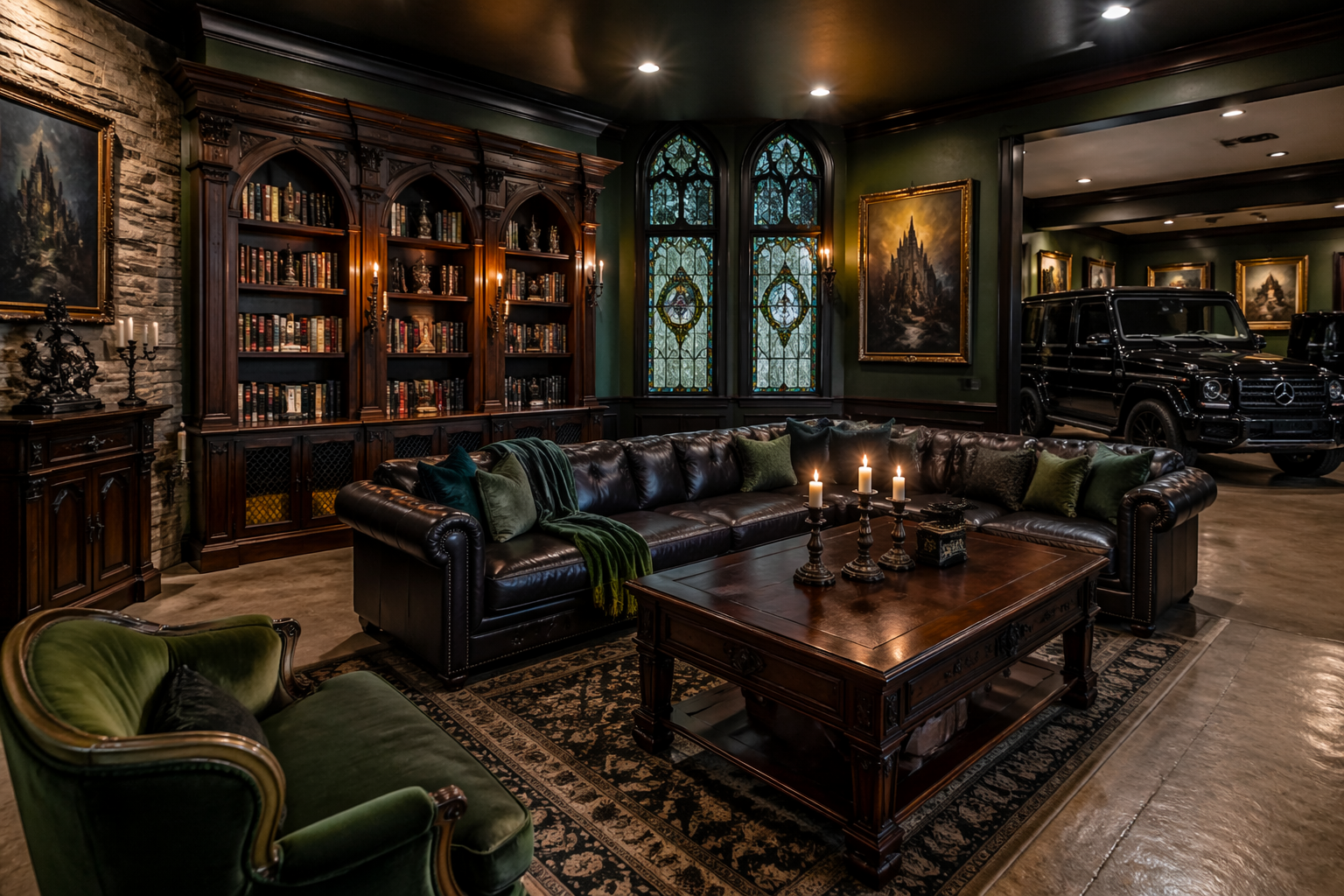 Gothic garage library with forest green walls and carved wooden bookshelves