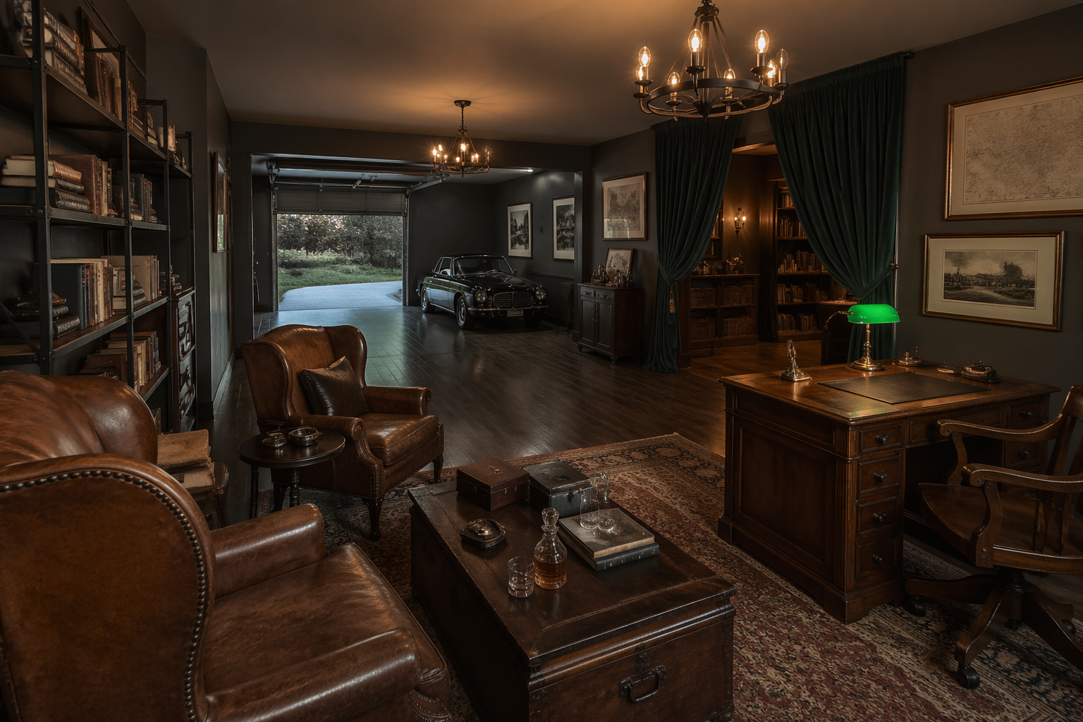 Industrial dark academia library with charcoal walls and Edison bulb lighting