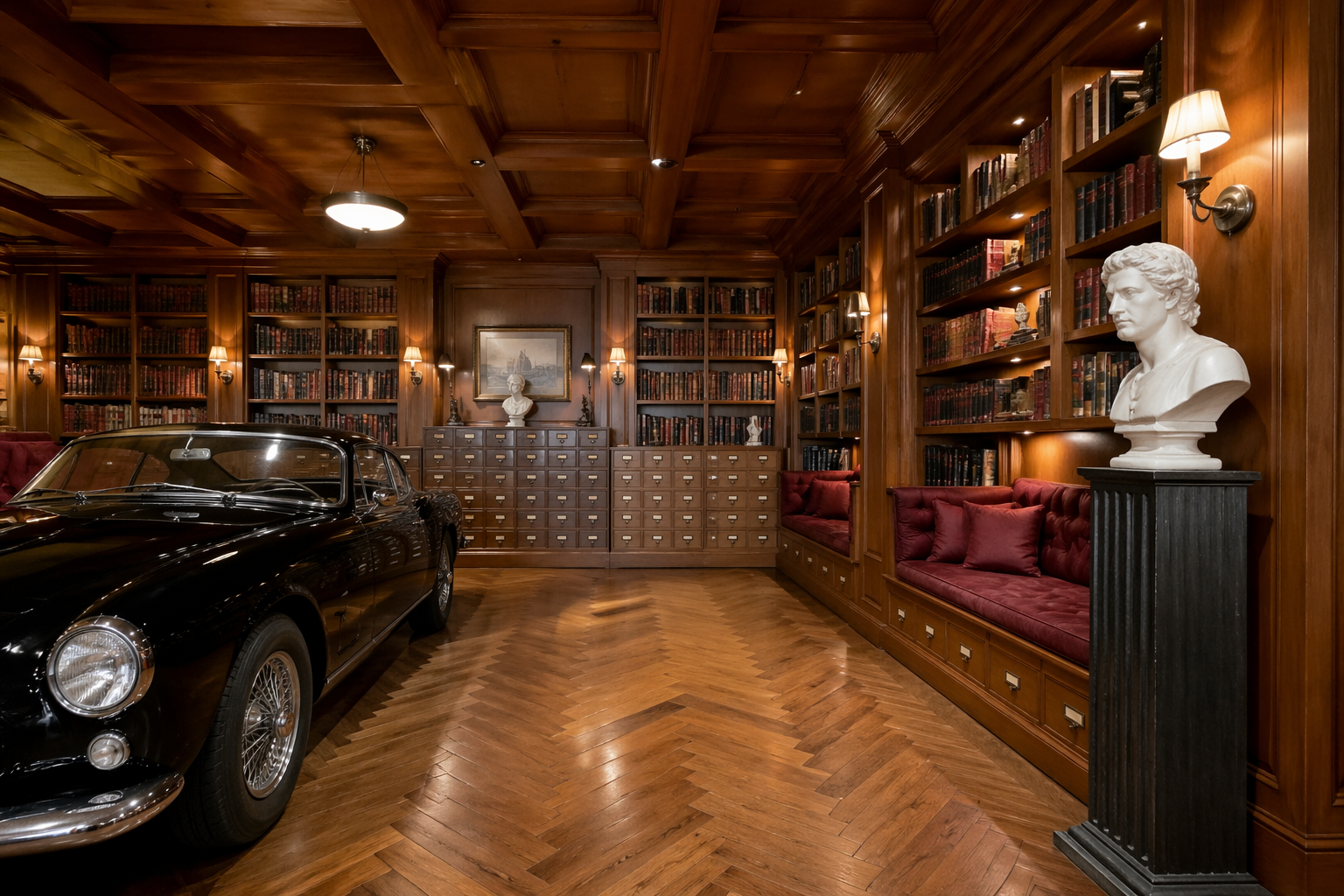 Vintage academic library with oak paneling and built-in reading nooks