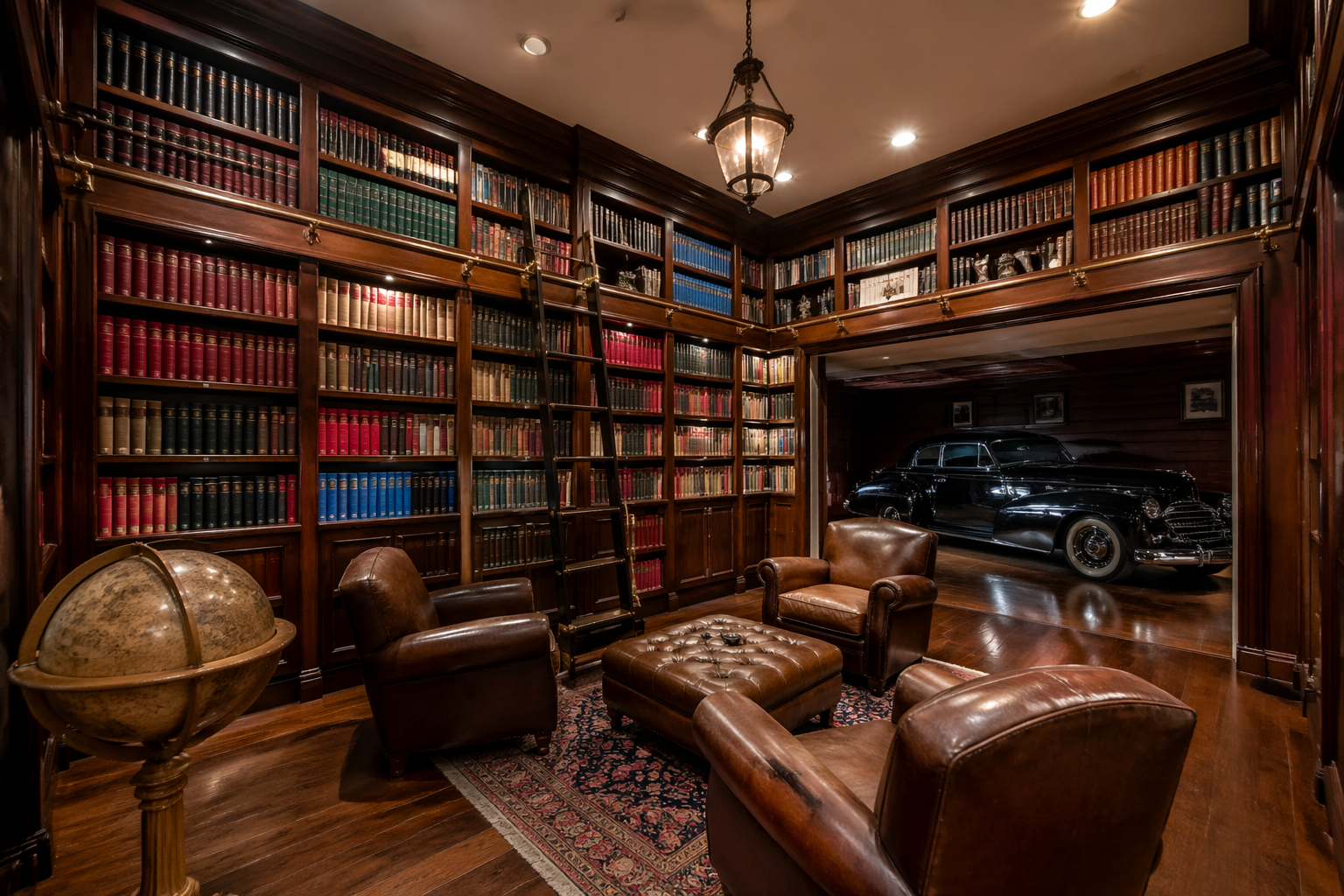 Mahogany floor-to-ceiling bookshelves with rolling ladder in garage library