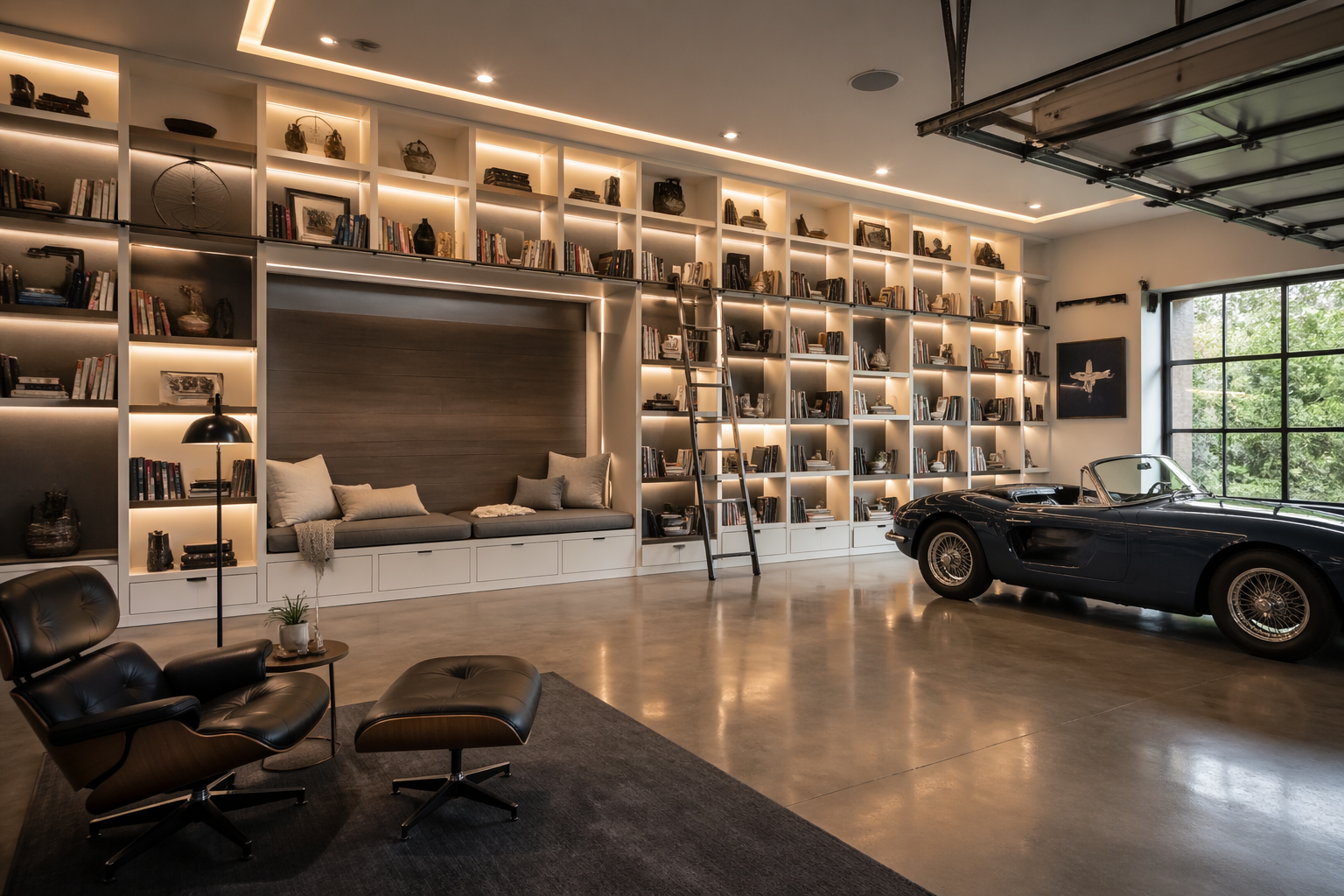 Modern white floor-to-ceiling shelving with integrated LED lighting