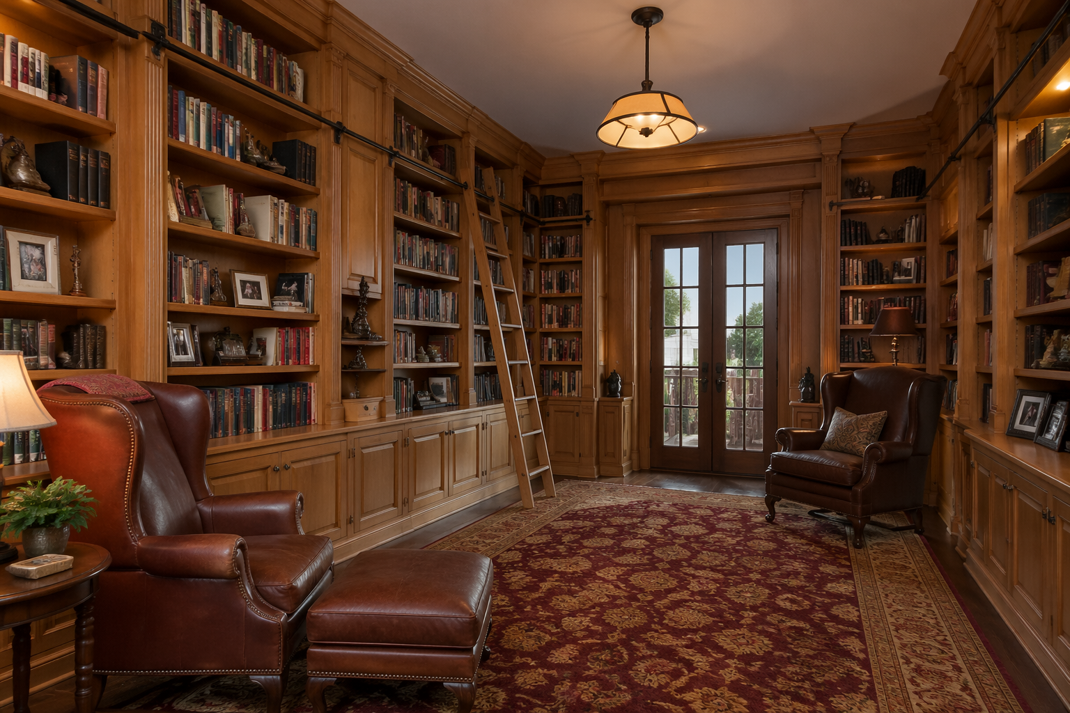 Traditional oak floor-to-ceiling library with crown molding and track ladder