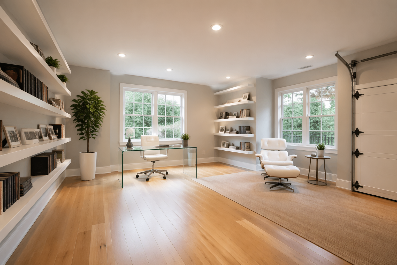 Bright minimalist garage library with white floating shelves and modern furniture