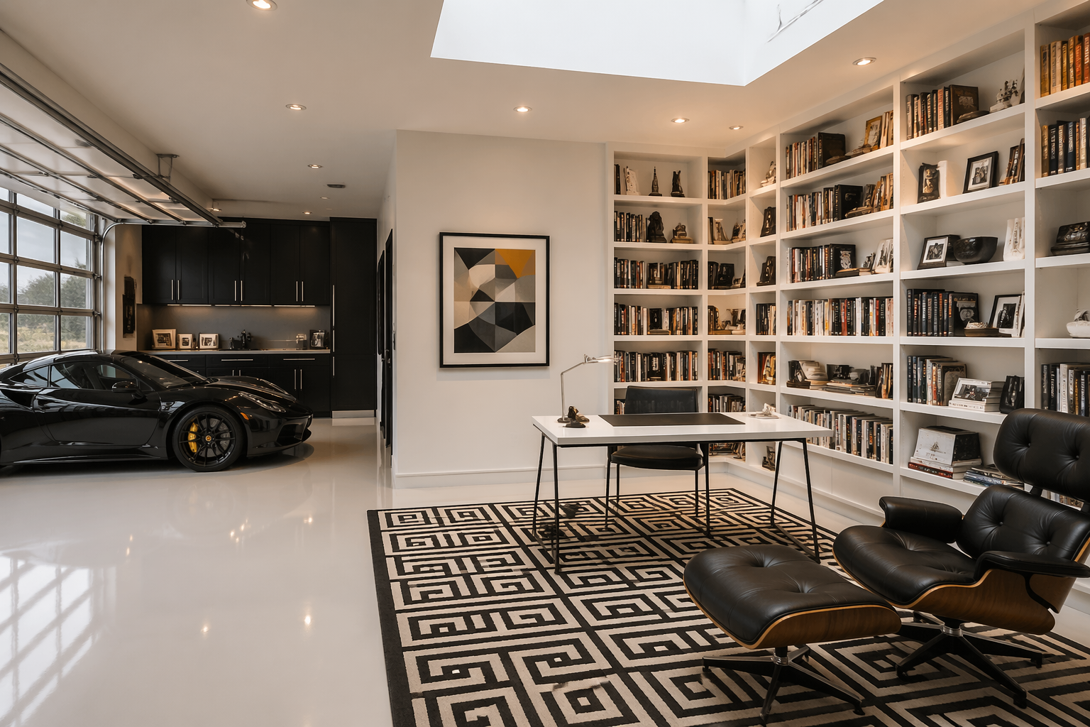 Contemporary library with white lacquer shelving and natural skylight