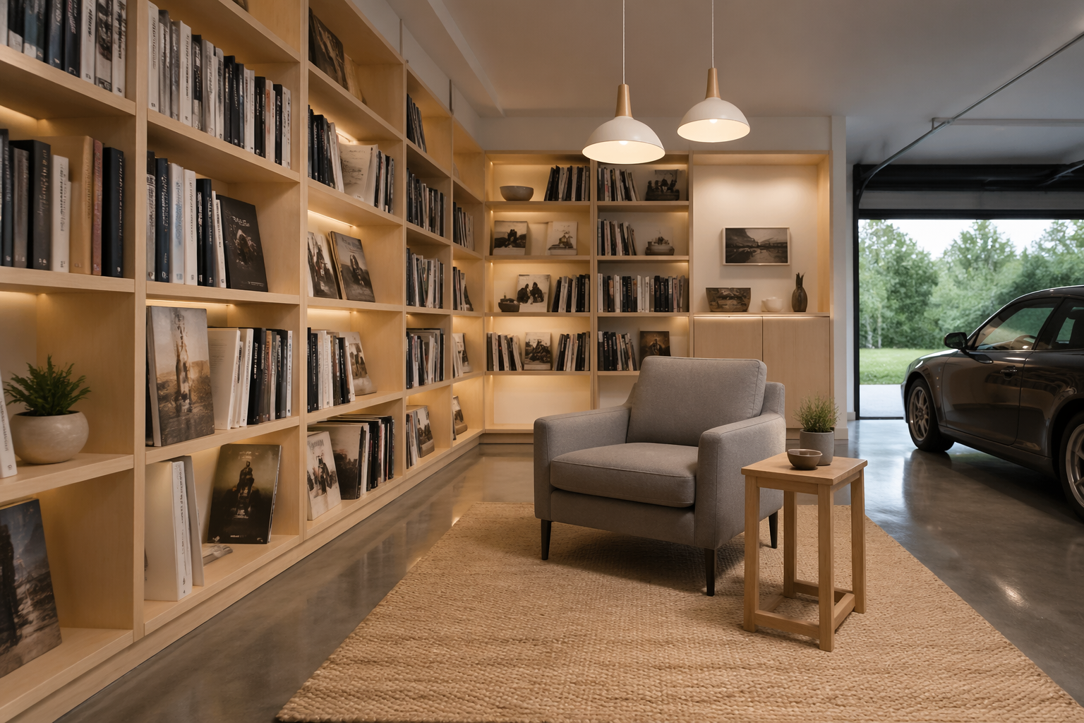 Scandinavian garage library with birch shelving and concrete floors