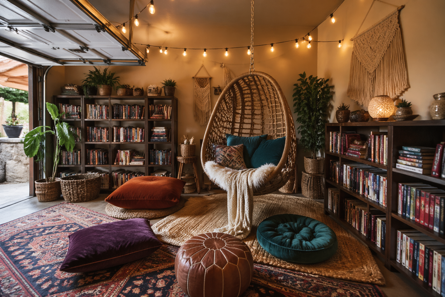 Bohemian reading nook with hanging chair and floor cushions
