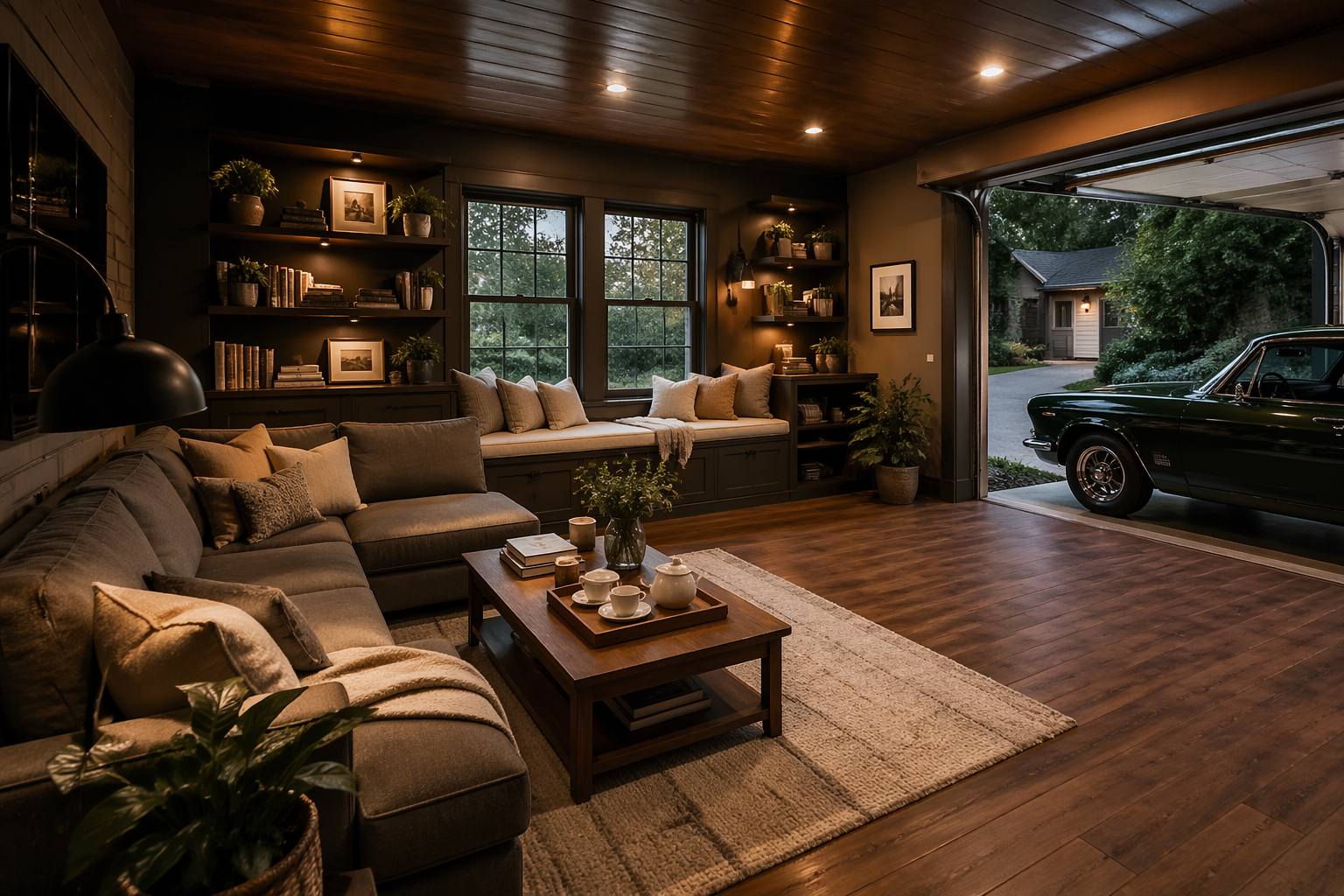 Cozy reading lounge with built-in window seat and sectional sofa