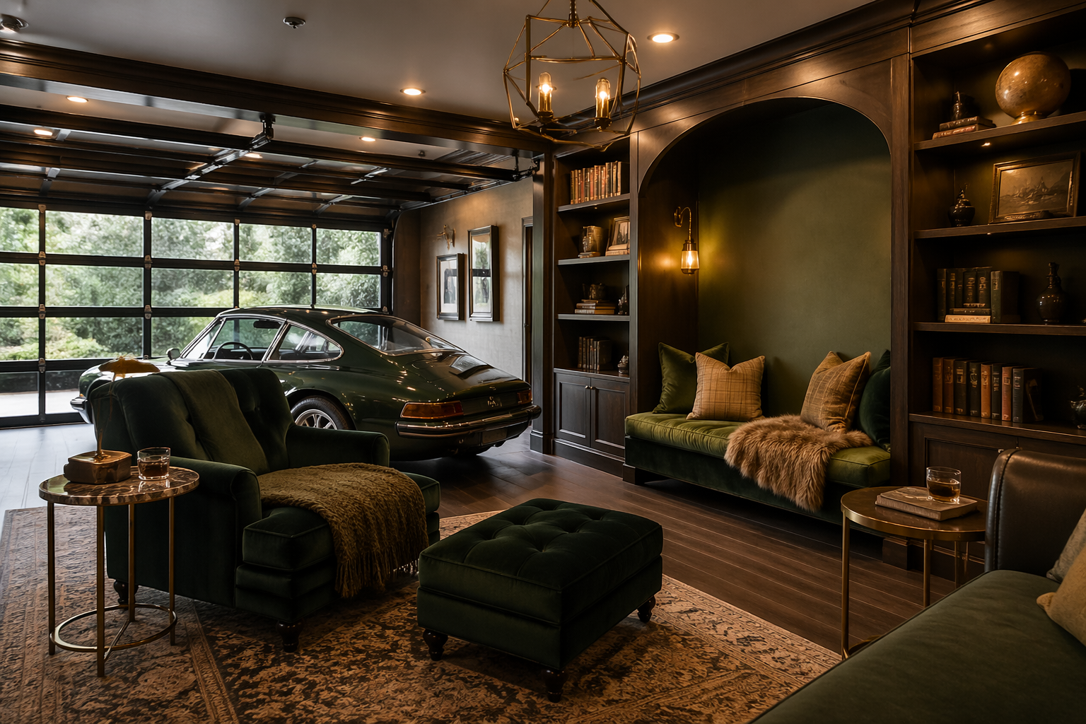 Elegant library lounge with emerald velvet chaise and arched reading nook