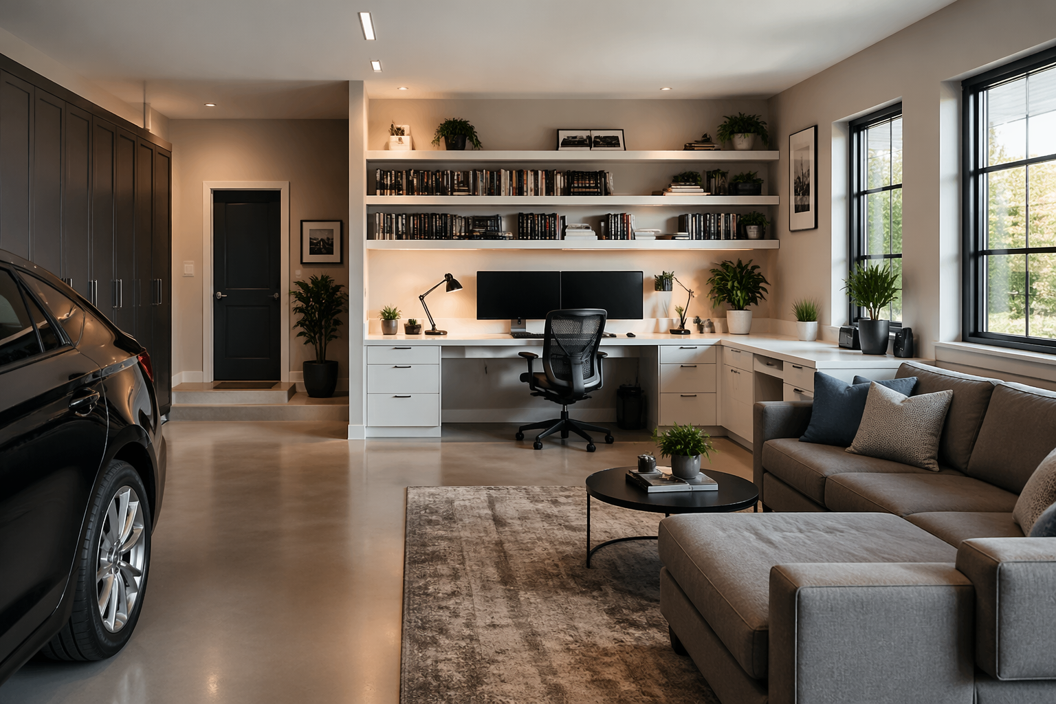 Contemporary study-library with L-shaped desk and dual monitor setup