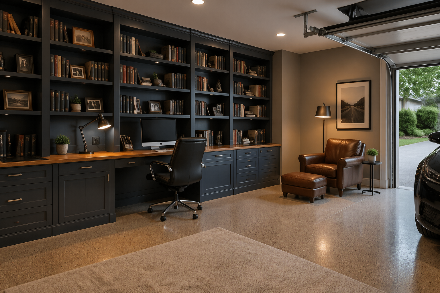 Library-office combo with built-in desk and integrated shelving storage