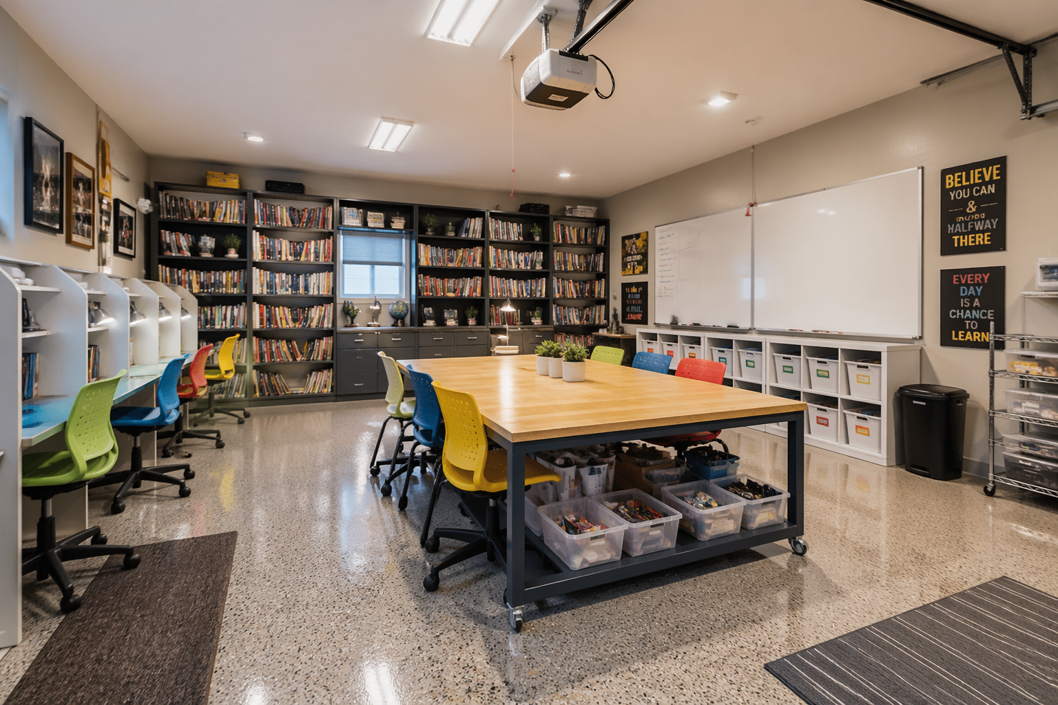 Student library-study with multiple carrels and group work table